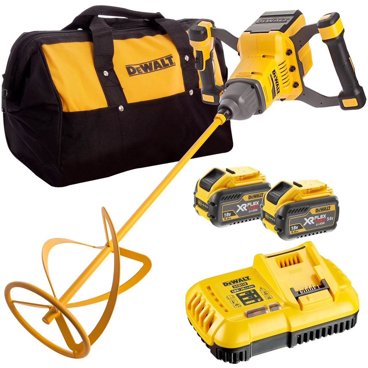 DeWalt DCD240X2 54V FlexVolt Brushless Paddle Mixer – 2 x 9.0Ah Batteries, Charger & Kit Bag