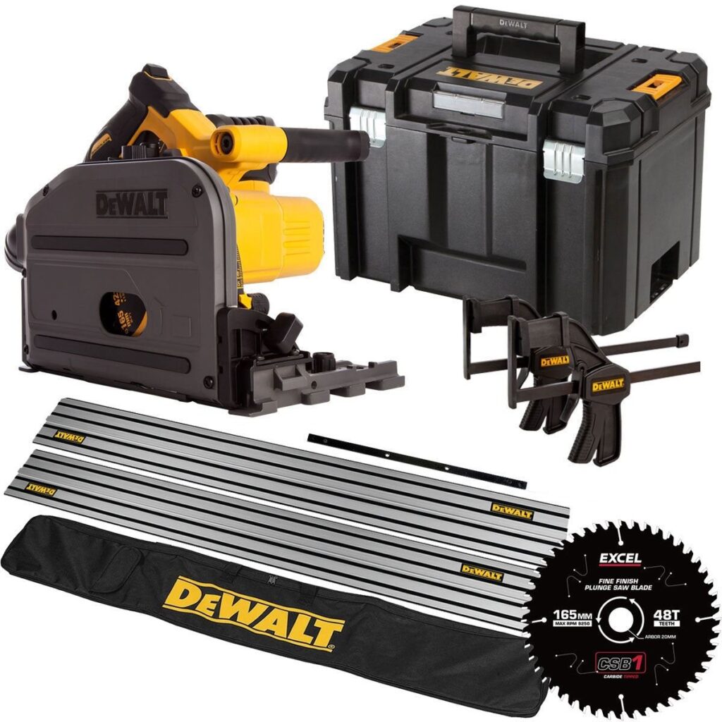 DeWalt DCS520NT 54V XR FlexVolt Brushless 165mm Plunge Saw – 2 x 1.5m Guide Rails, Clamps, Blade & Case and Rail Bag