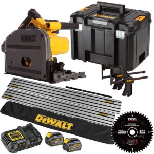 DeWalt DCS520T2 54V FlexVolt Brushless 165mm Plunge Saw – 2 x 6.0Ah Batteries, Charger, Blade, Carry Case & Accessory Set
