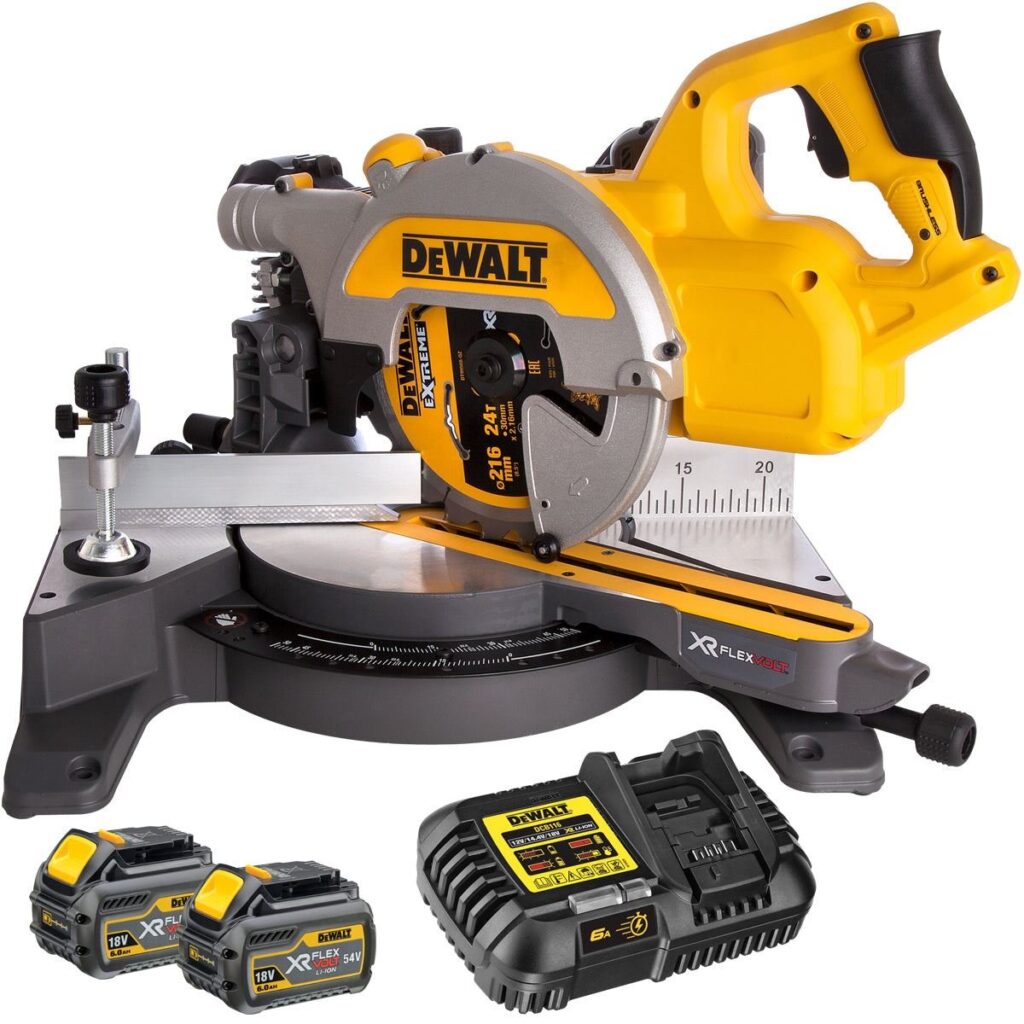 DeWalt DCS777T2 54V FlexVolt Brushless 216mm Mitre Saw – 2 x 6.0Ah Batteries & Charger