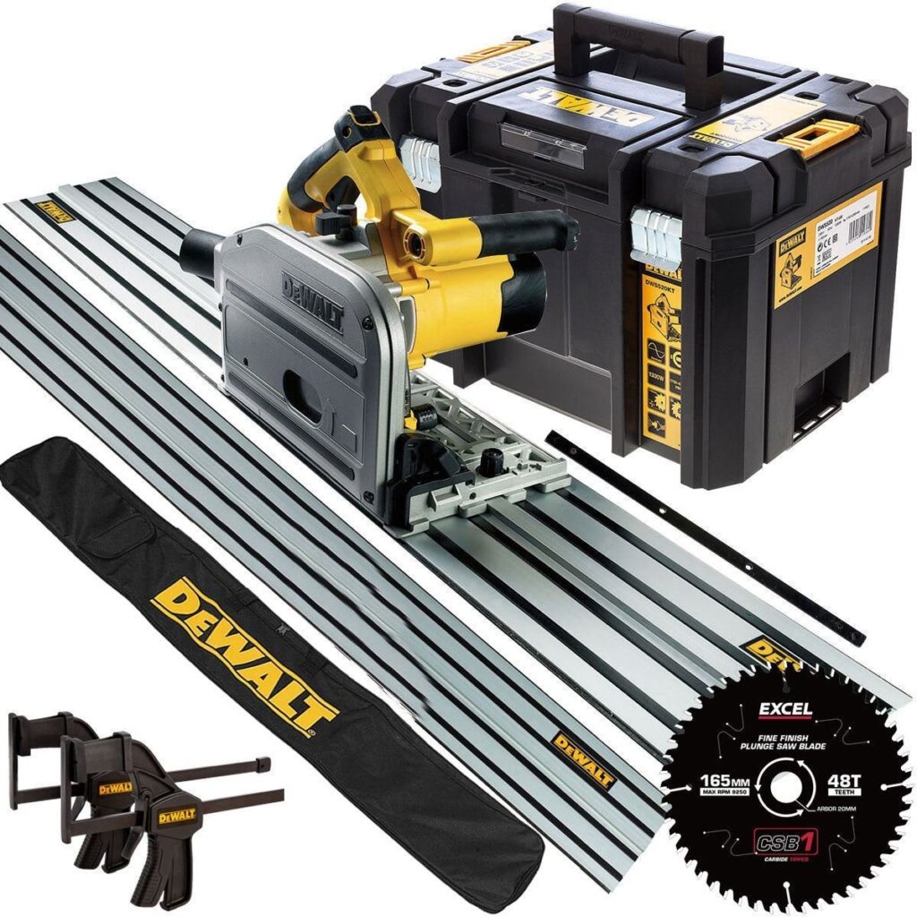DeWalt DWS520KT 240V Plunge Saw – 2 x 1.5m Guide Rails, Clamps, Blade & Bag