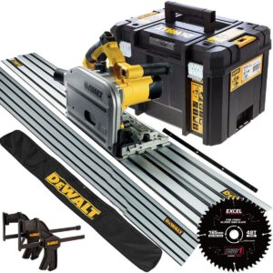 DeWalt DWS520KT 240V Plunge Saw – 2 x 1.5m Guide Rails, Clamps, Blade & Bag