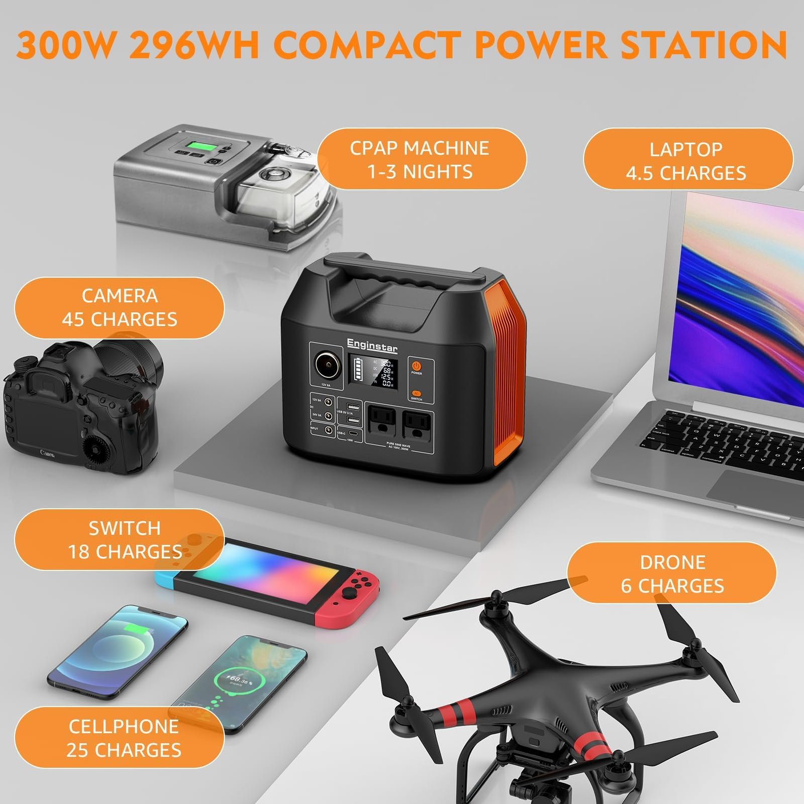 EnginStar Portable Power Station – 296Wh, 300W Output