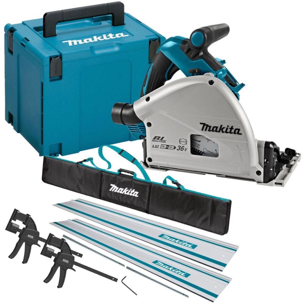 Makita DSP601ZJU 36V Brushless AWS Plunge Saw – 2 x Guide Rails, Clamps & Bag and Case