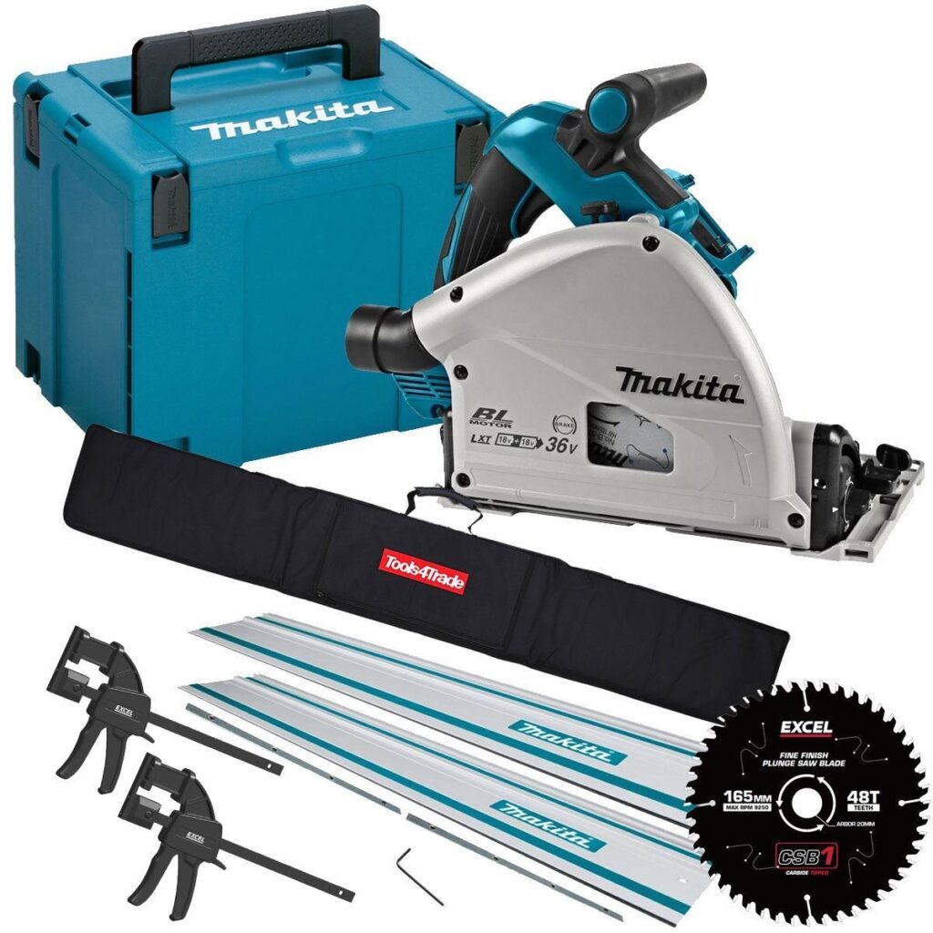 Makita DSP601ZJU 36V Brushless AWS Plunge Saw – Body Only, 2 x Guide Rails, Clamps & Blade