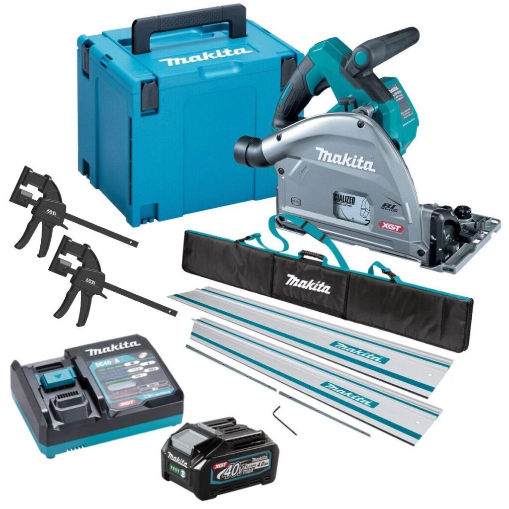 Makita SP001GZ03KIT5 40V Brushless Plunge Saw – 1 x 4.0Ah Battery, Charger, 2 x Guide Rails & Clamps