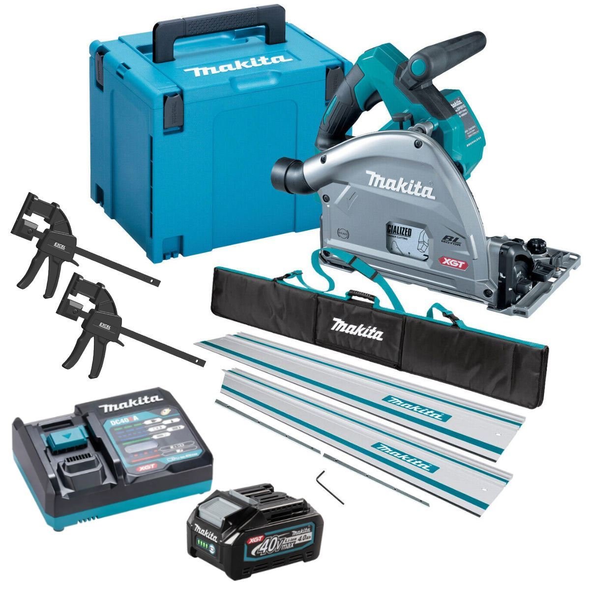 Makita SP001GZ03KIT5 40V Brushless Plunge Saw – 1 x 4.0Ah Battery, Charger, 2 x Guide Rails & Clamps